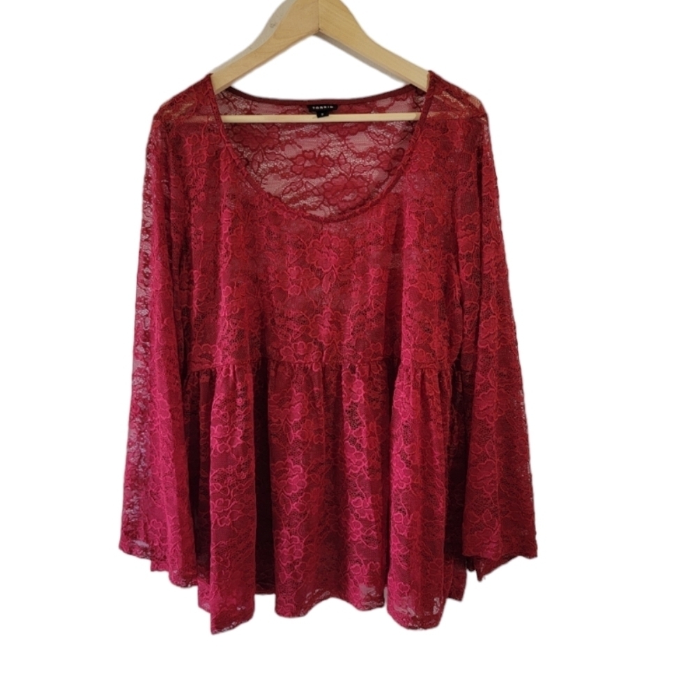 Torrid Plus Size Womens Top Red Lace Floral Sz 2 Sheer Long Sleeve Fairy Grunge